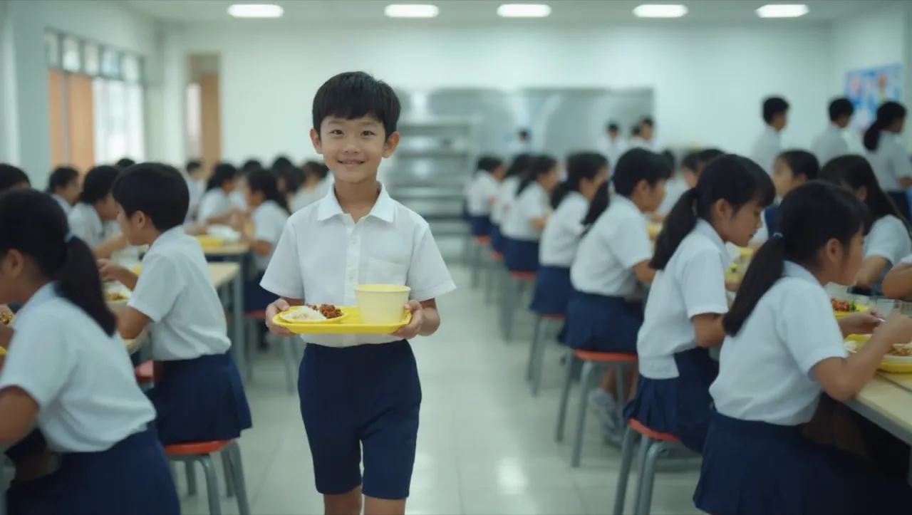 PSLE Chinese oral practice video stimulus — students in a school canteen