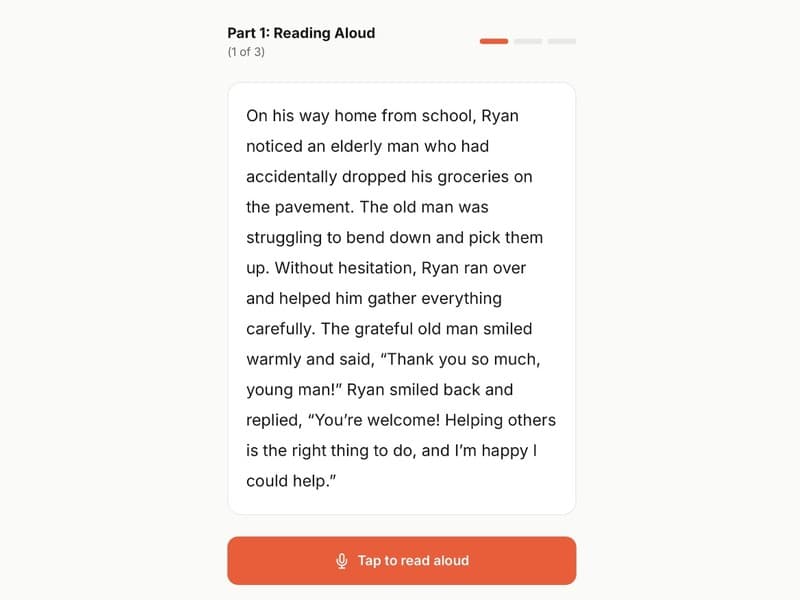 Diagnostic step 1 — reading aloud screen showing an English PSLE passage with a tap-to-read-aloud button